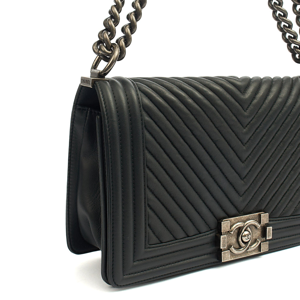 Chanel Cross Body Chevron Boy in Grey, Leather — Alternate View 15
