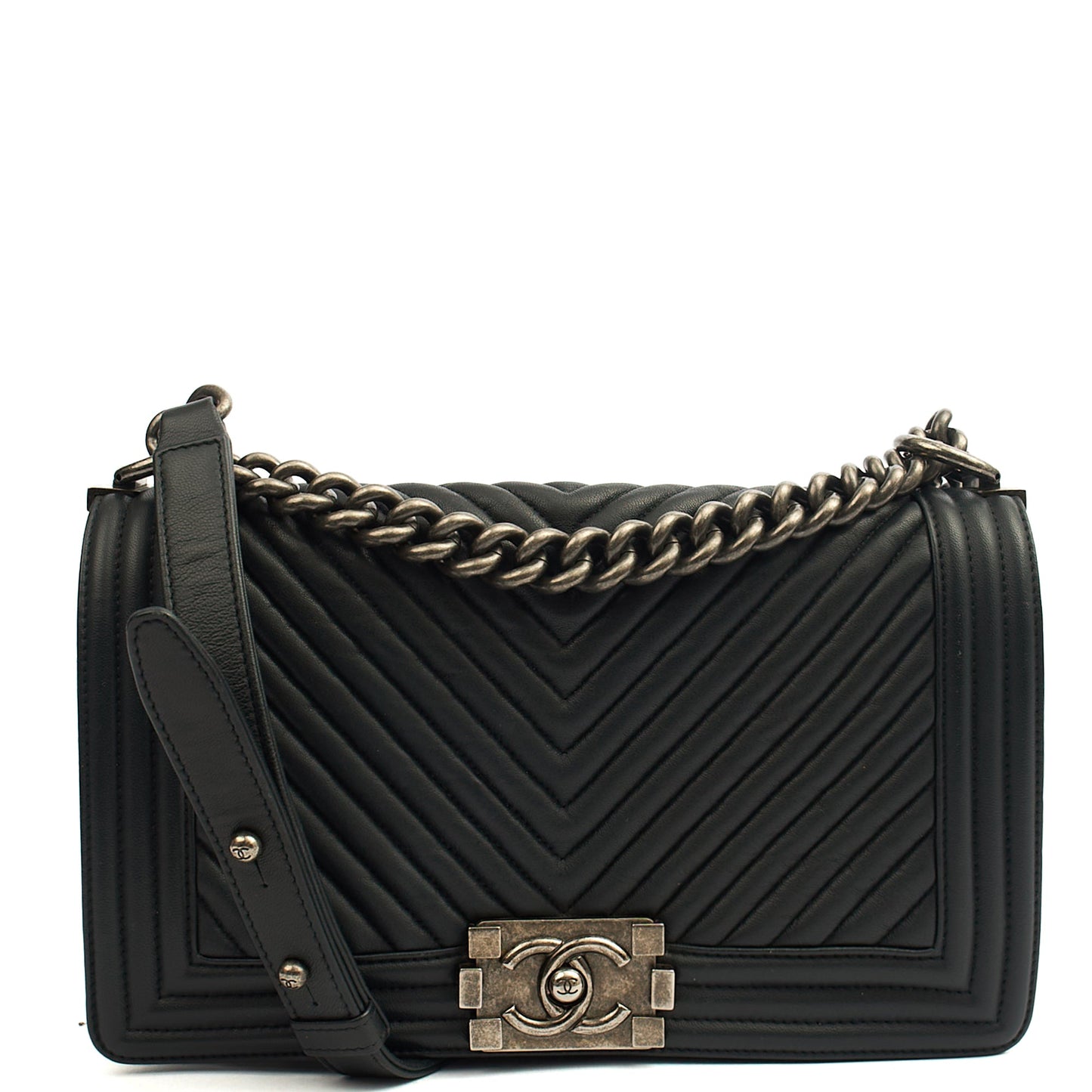 Chanel Cross Body Chevron Boy in Grey, Leather — Front View