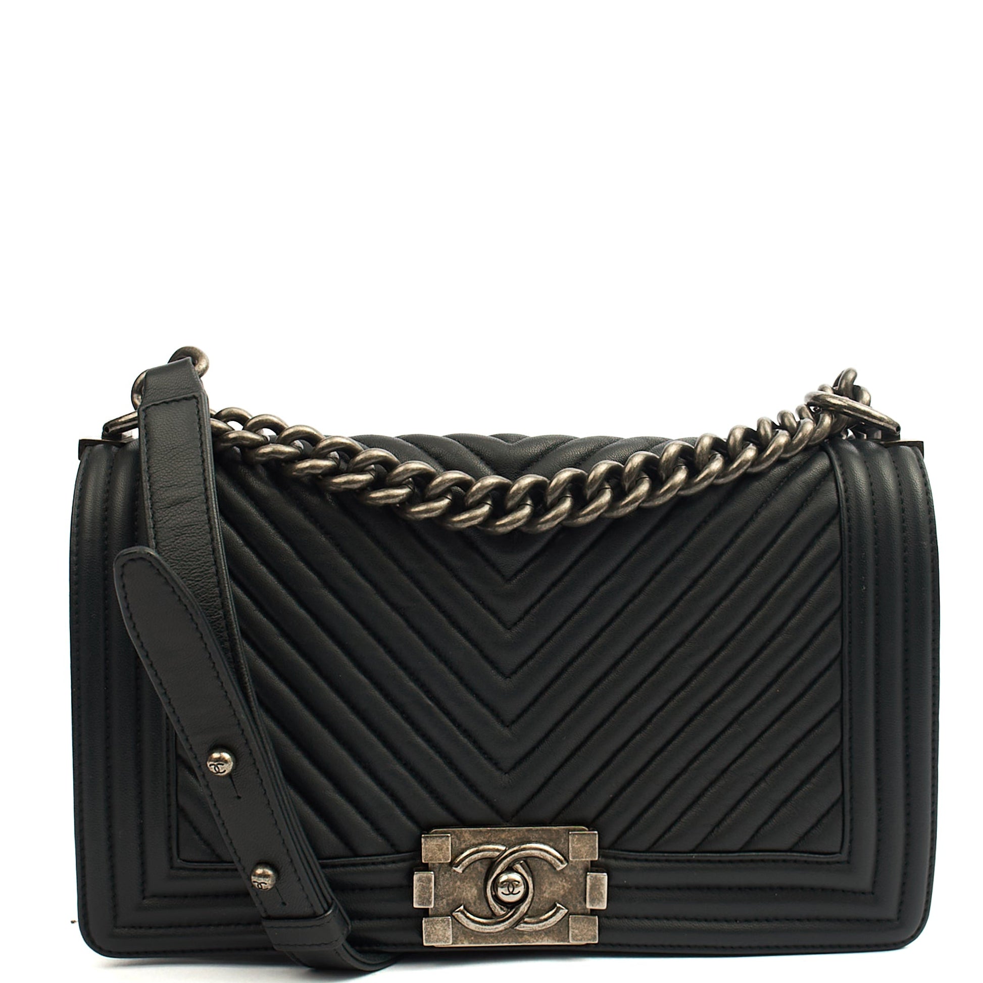 Chanel Cross Body Chevron Boy in Grey, Leather — Alternate View 19