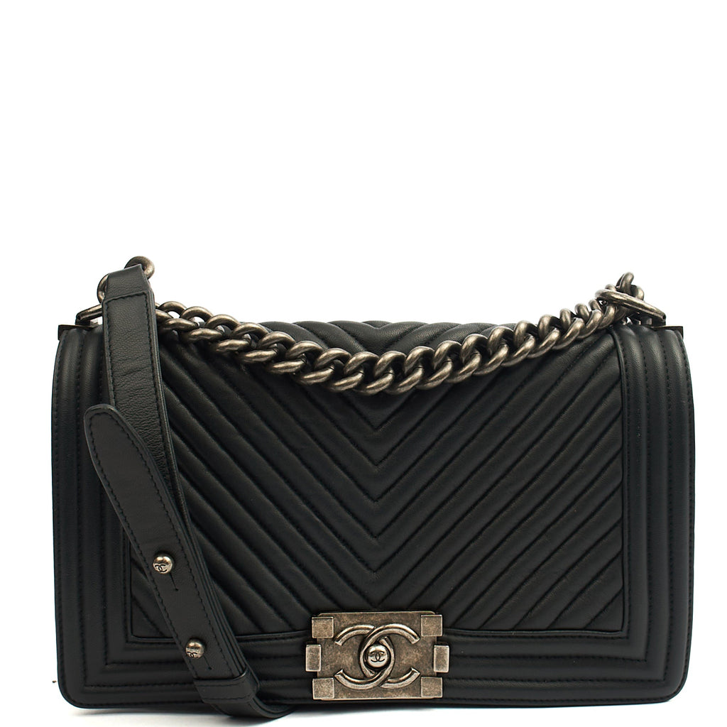 Chanel Cross Body Chevron Boy in Grey, Leather — Alternate View 10