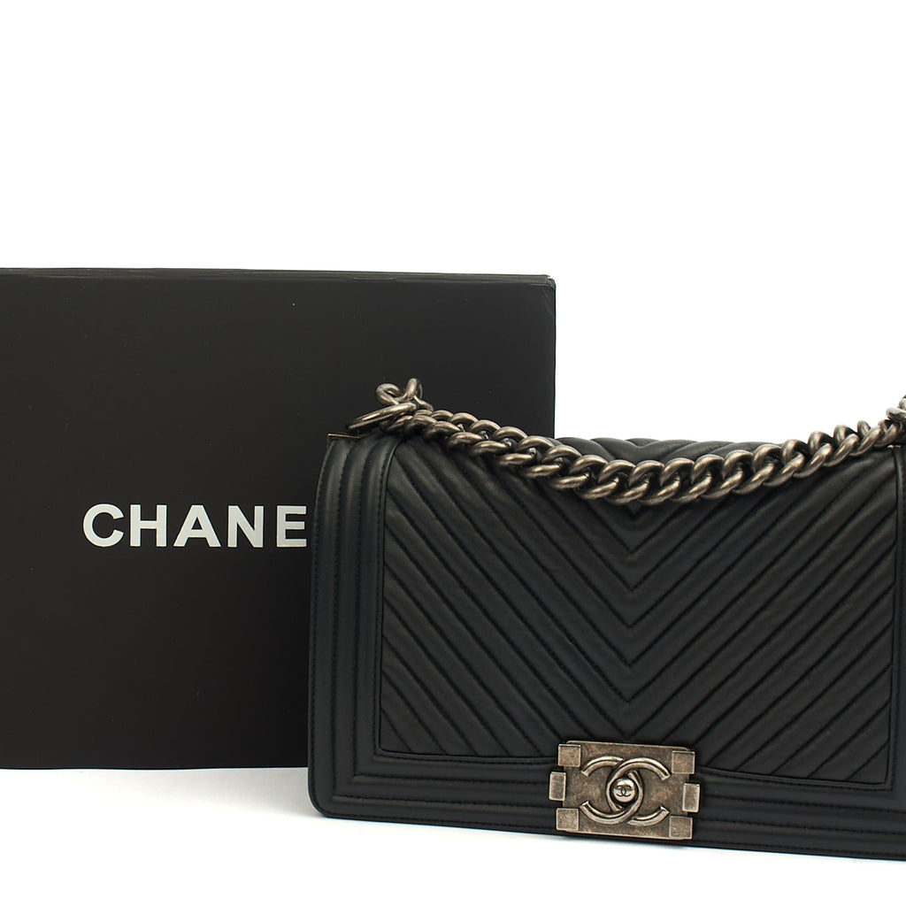 Chanel Cross Body Chevron Boy in Grey, Leather — Detail View