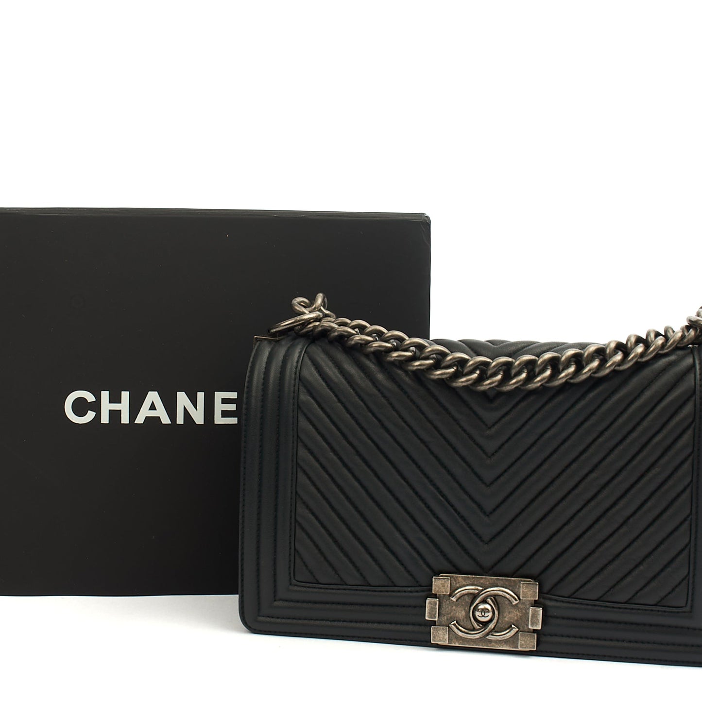 Chanel Cross Body Chevron Boy in Grey, Leather — Detail View