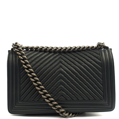 Chanel Cross Body Chevron Boy in Grey, Leather — Back View