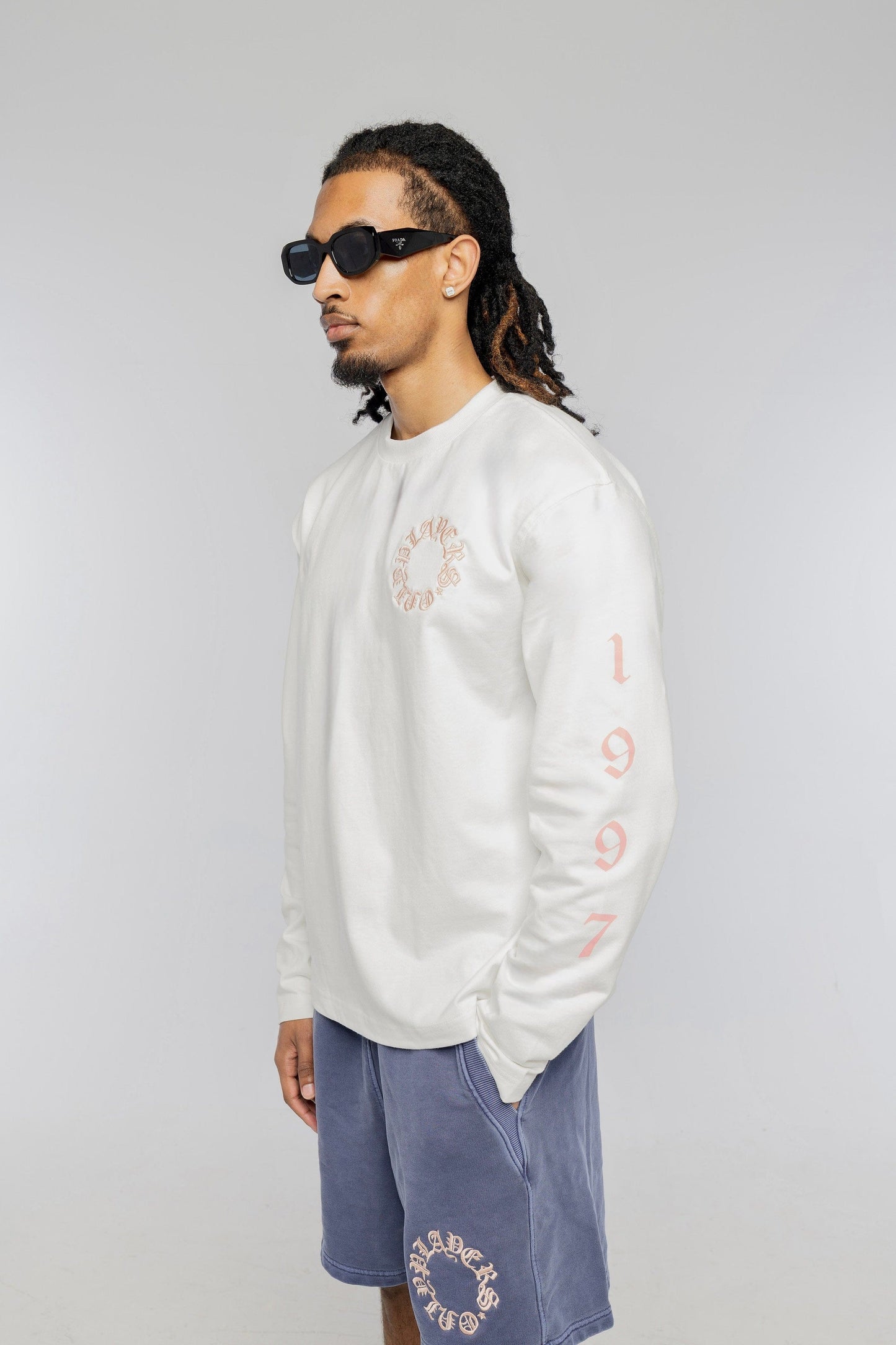 PLAYERS ONLY ECRU - PINK EMBROIDERED LONG SLEEVE — Small — Side View