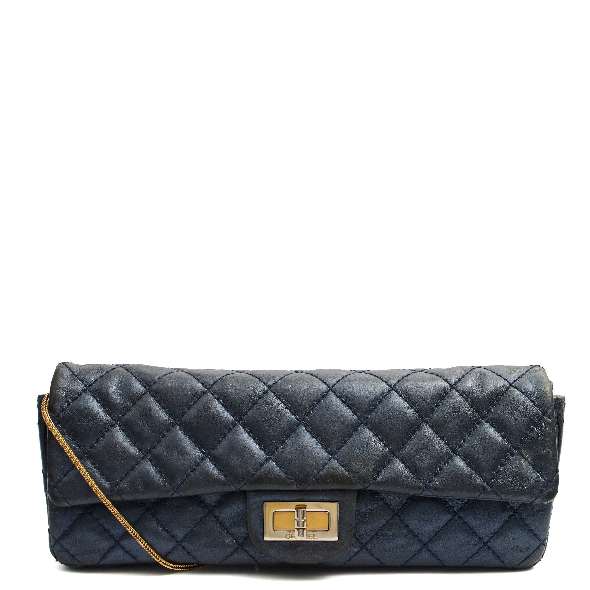 Chanel Shoulder Bag 2.55 Reissue East West Clutch in Blue, Crinkled Calfskin Leather — Front View