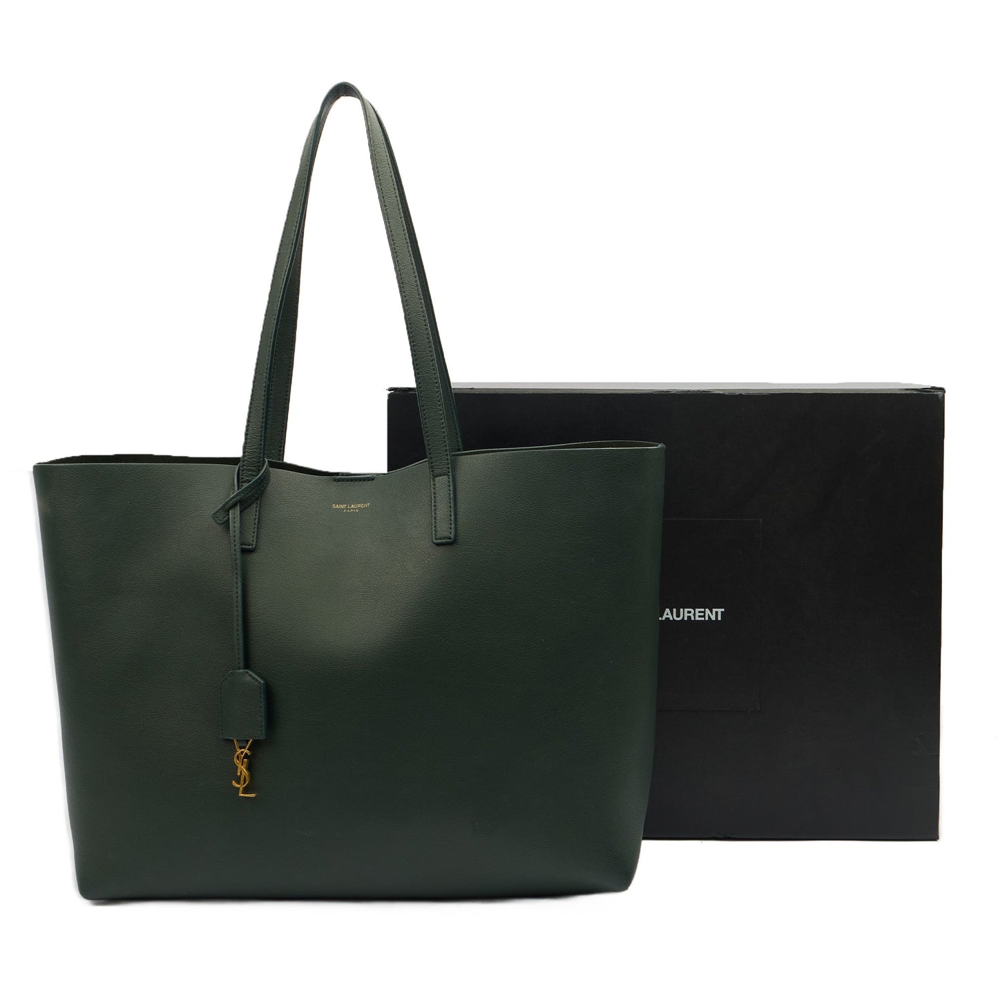 Saint Laurent Tote Shopping East West in Green, Calfskin Leather — Side View