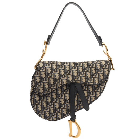 Christian Dior Shoulder Bag Saddle Bag in Blue, Dior Oblique Embroidery — Front View