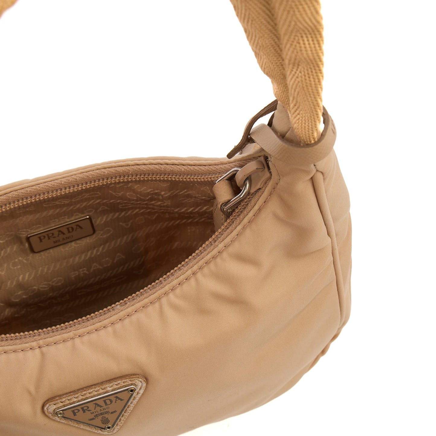 Prada Mini Bag Re-edition 2000 Nylon Mini Bag in Neutral, Nylon — Detail View