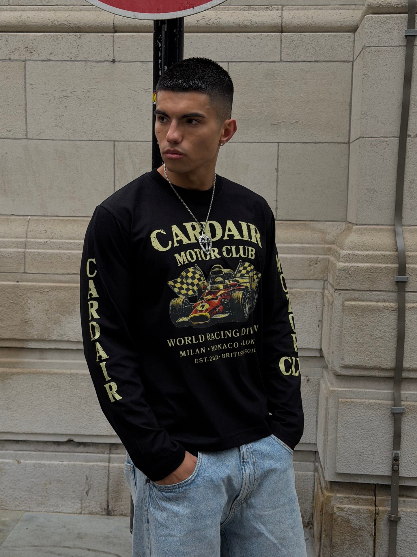 Cardair Motor Club Long Sleeve T Shirt - Black — S — Side View