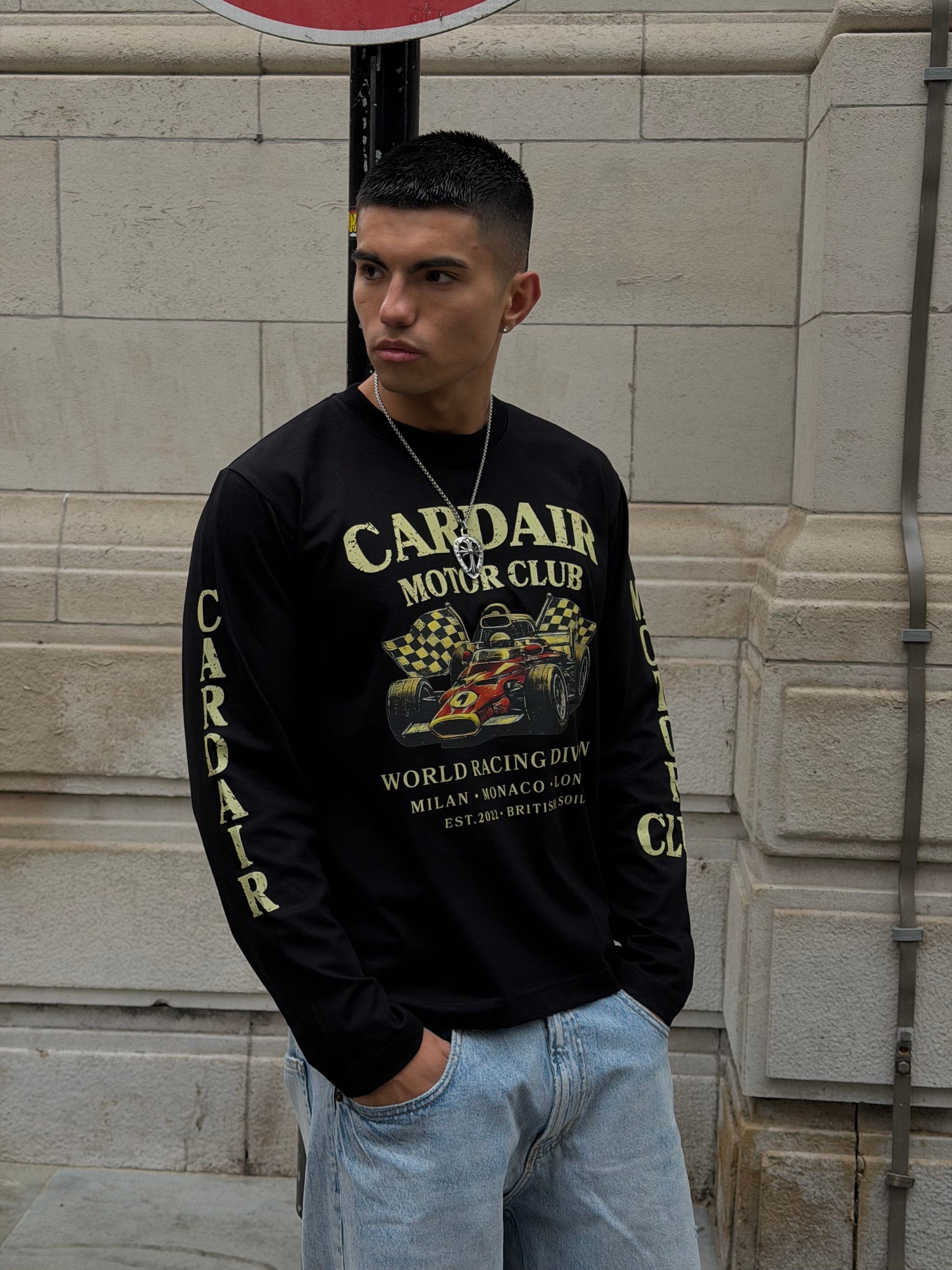 Cardair Motor Club Long Sleeve T Shirt - Black — S — Side View