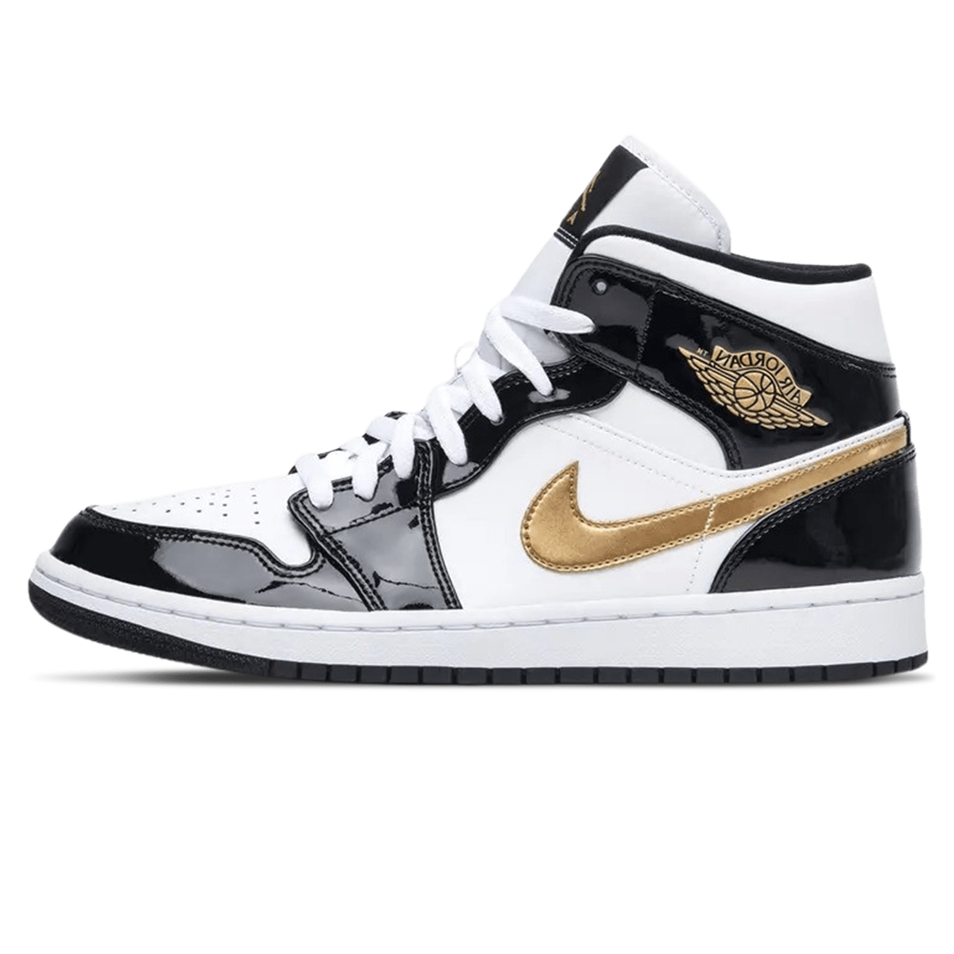 Air Jordan 1 Mid Patent 'Black Gold' — UK 3 | EU 35.5 | US 3.5 — Front View