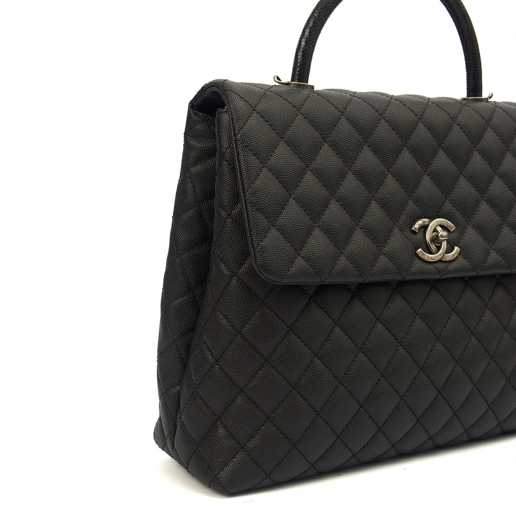 Chanel Tote Coco Top Handle in Black, Caviar Leather — Detail View