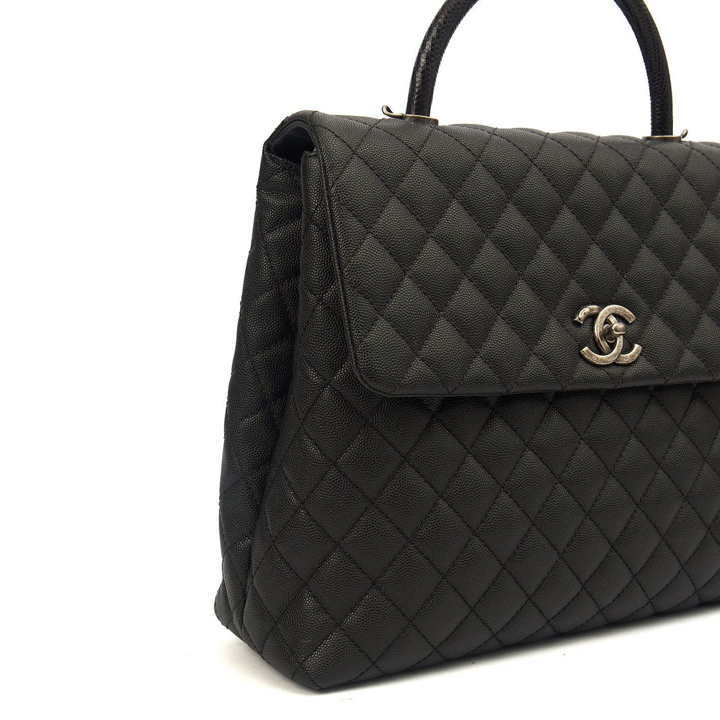 Chanel Tote Coco Top Handle in Black, Caviar Leather — Detail View