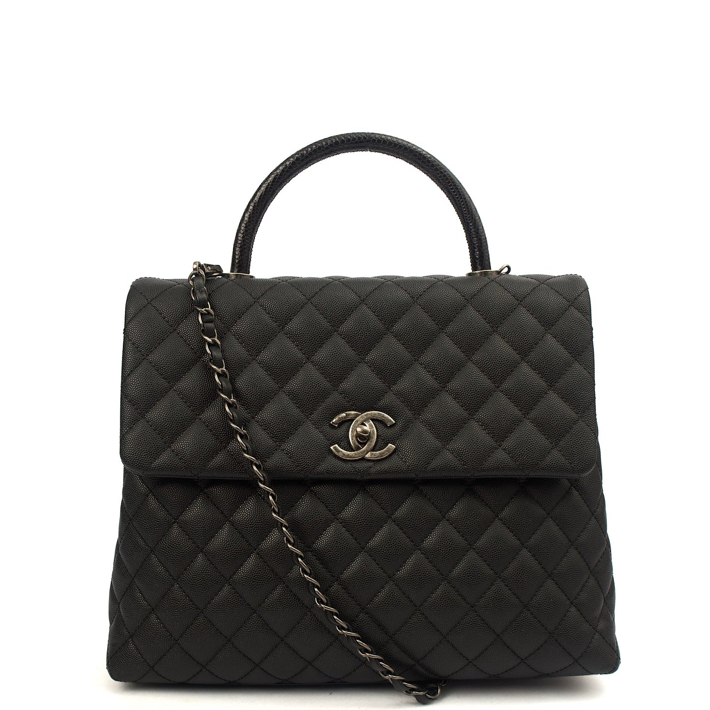 Chanel Tote Coco Top Handle in Black, Caviar Leather — Front View