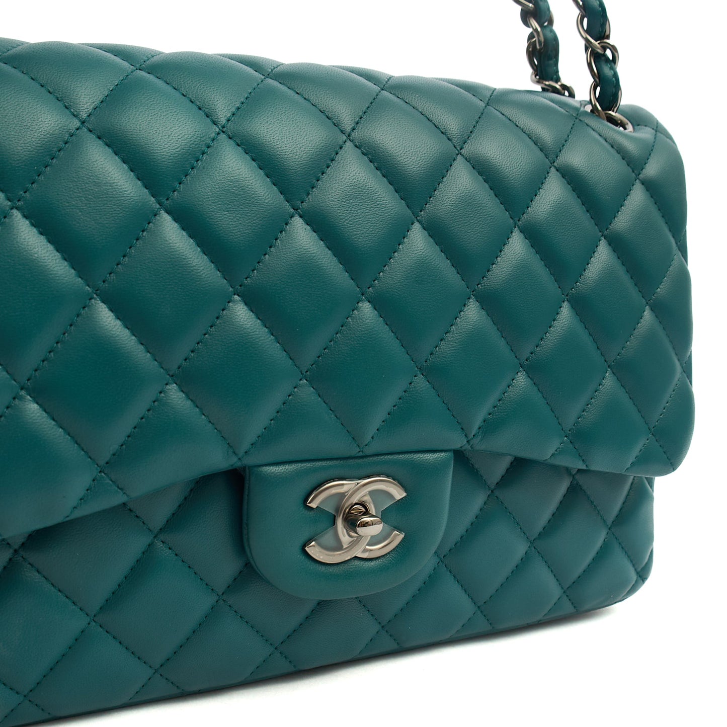 Chanel Shoulder Bag Classic Double Flap - Large in Blue, Lambskin Leather — Lifestyle View