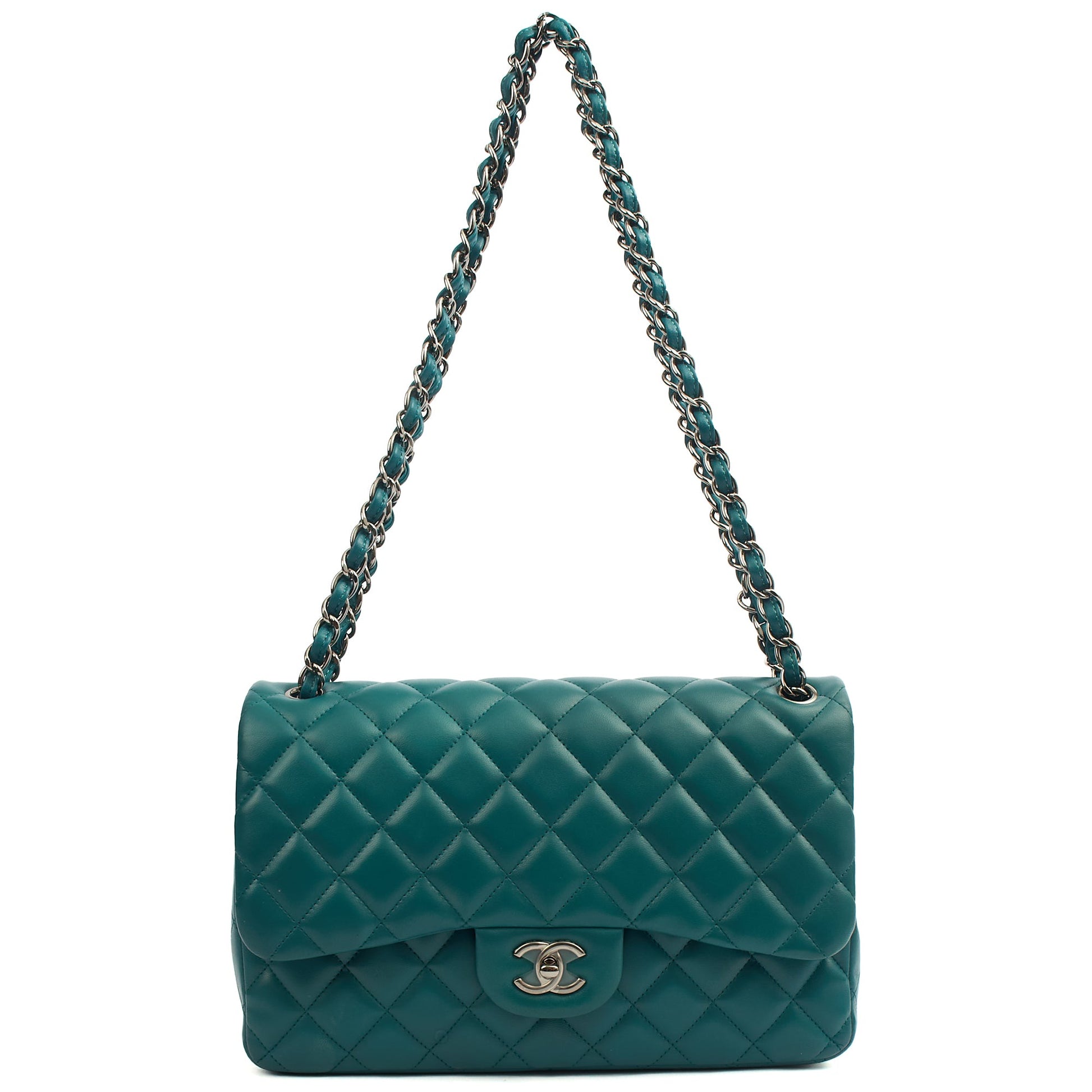 Chanel Shoulder Bag Classic Double Flap - Large in Blue, Lambskin Leather — Detail View
