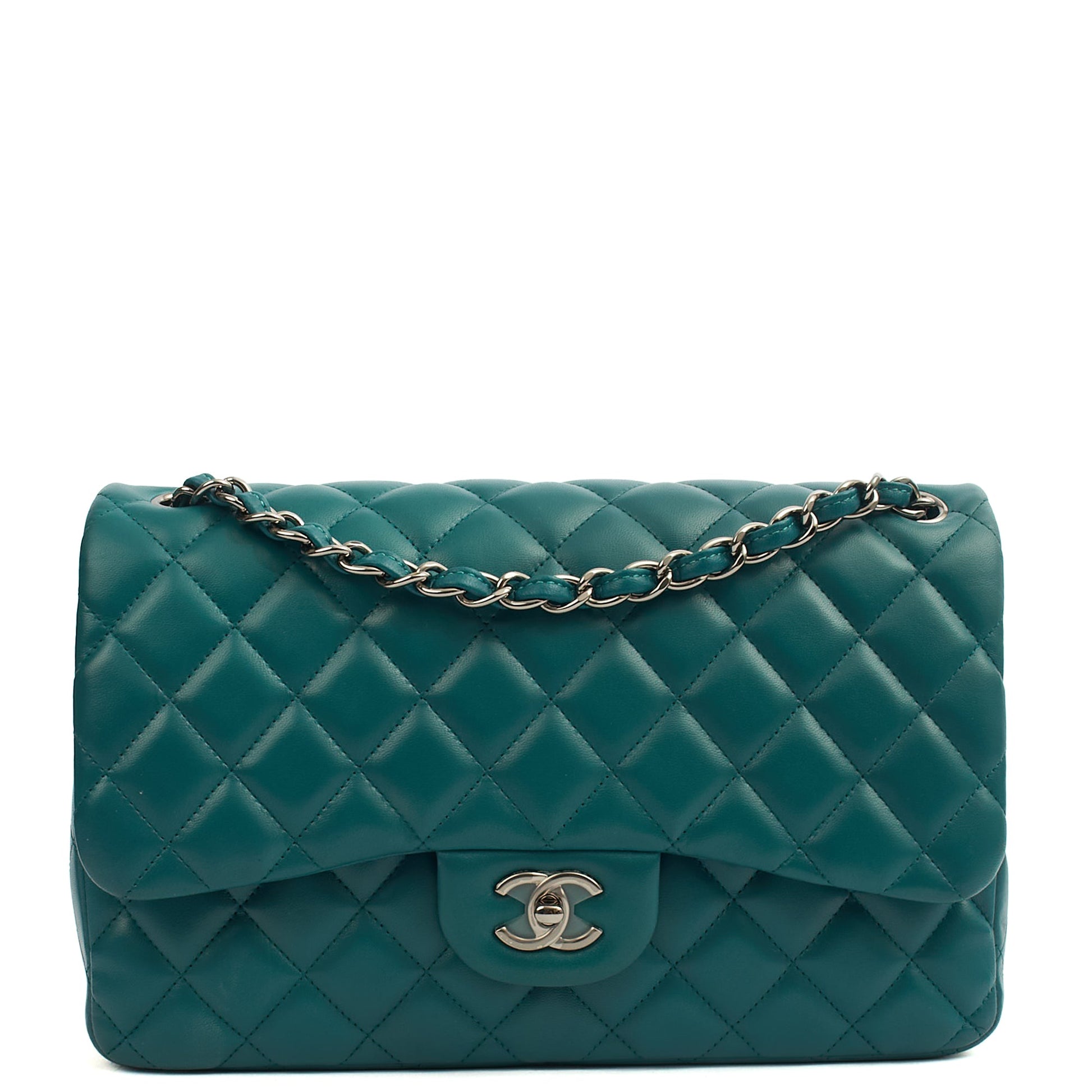 Chanel Shoulder Bag Classic Double Flap - Large in Blue, Lambskin Leather — Front View