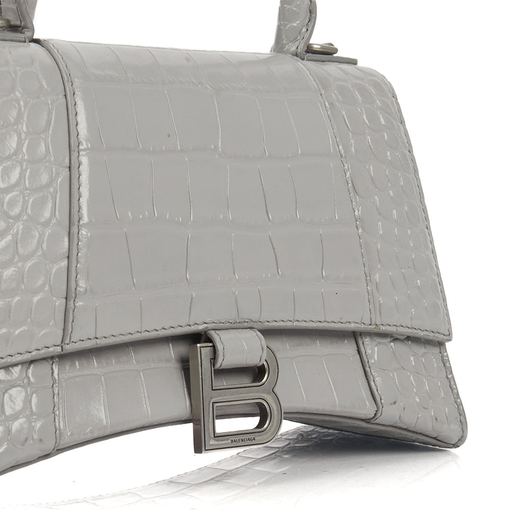 Balenciaga Top Handle Hourglass Top Handle Small in Grey, Exotic Effect Leather — Lifestyle View