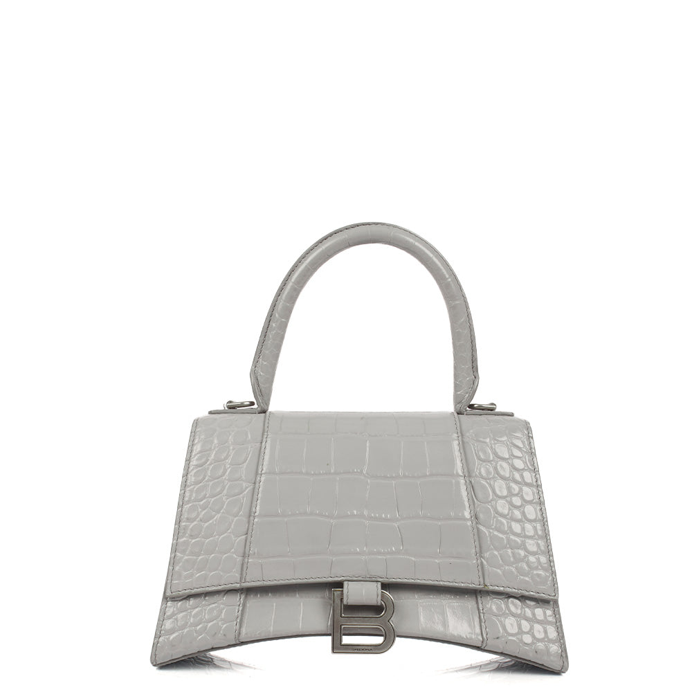 Balenciaga Top Handle Hourglass Top Handle Small in Grey, Exotic Effect Leather — Front View