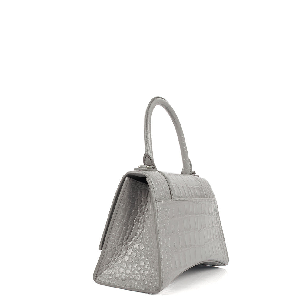 Balenciaga Top Handle Hourglass Top Handle Small in Grey, Exotic Effect Leather — Side View