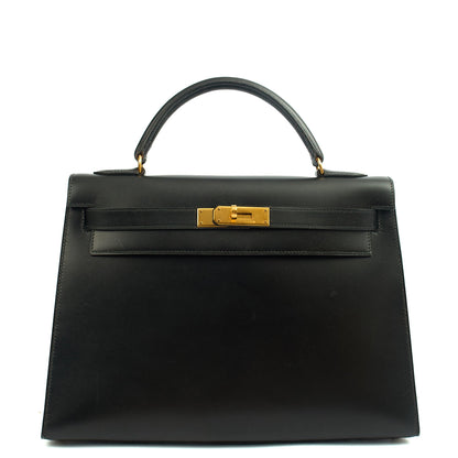 Hermes Kelly 32 in Black, Box Calf Leather — Front View
