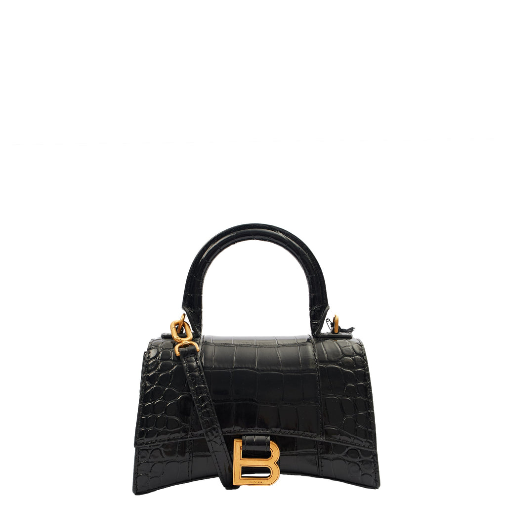 Balenciaga Mini Bag Hourglass XS in Black, Exotic Effect Leather — Front View
