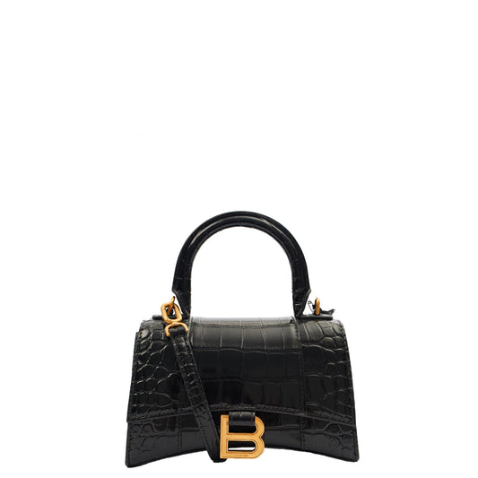 Balenciaga Mini Bag Hourglass XS in Black, Exotic Effect Leather — Front View