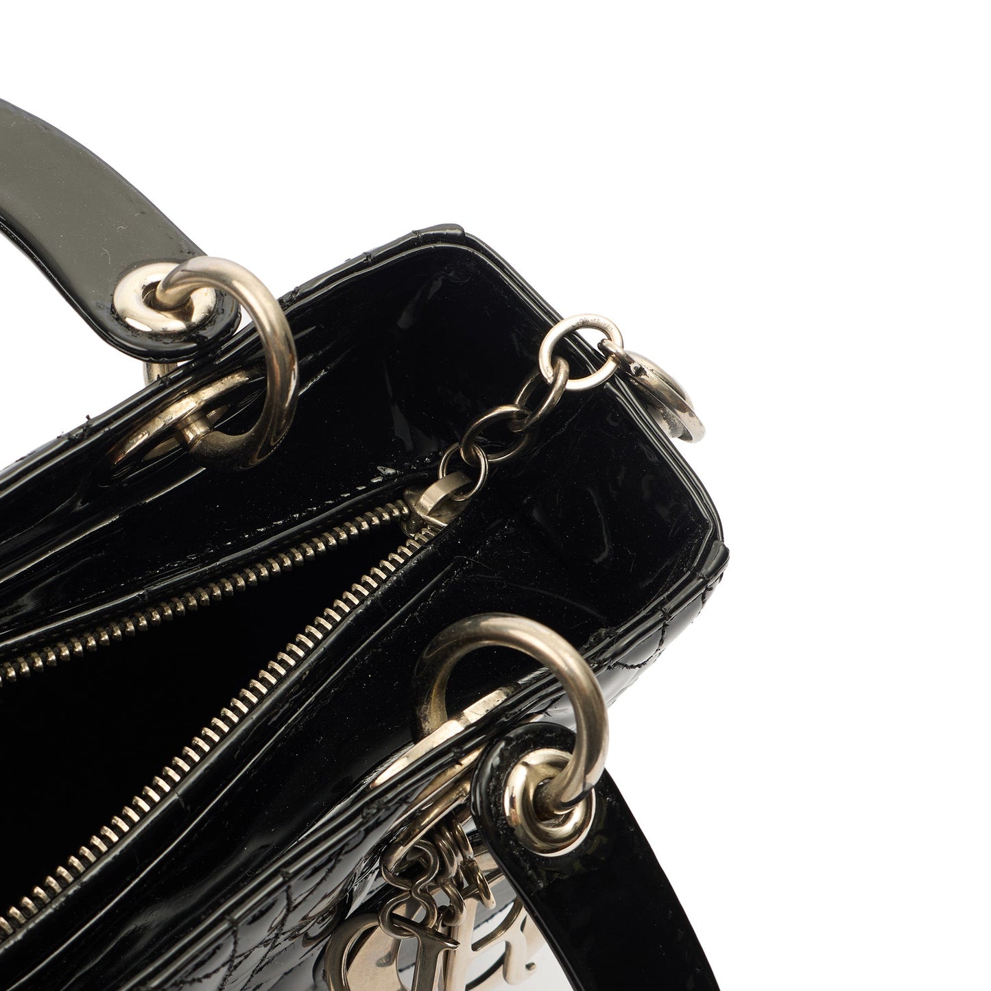 Christian Dior Top Handle Lady Dior - Medium in Black, Patent Leather — Lifestyle View