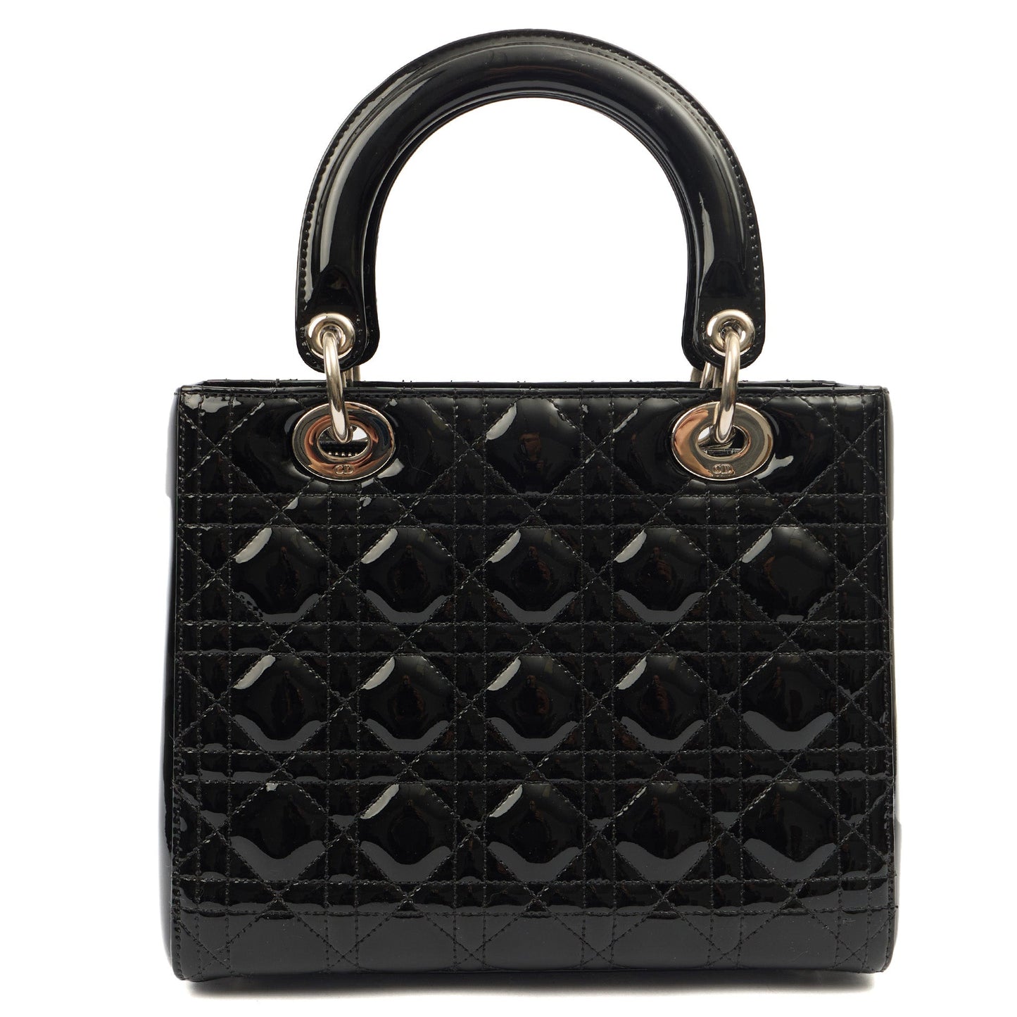Christian Dior Top Handle Lady Dior - Medium in Black, Patent Leather — Top View