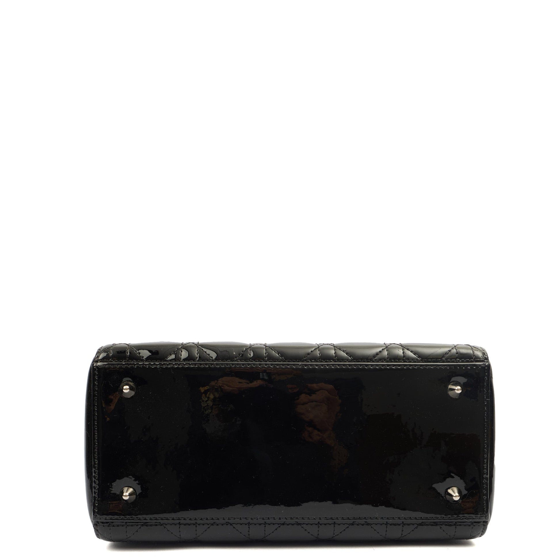 Christian Dior Top Handle Lady Dior - Medium in Black, Patent Leather — Detail View