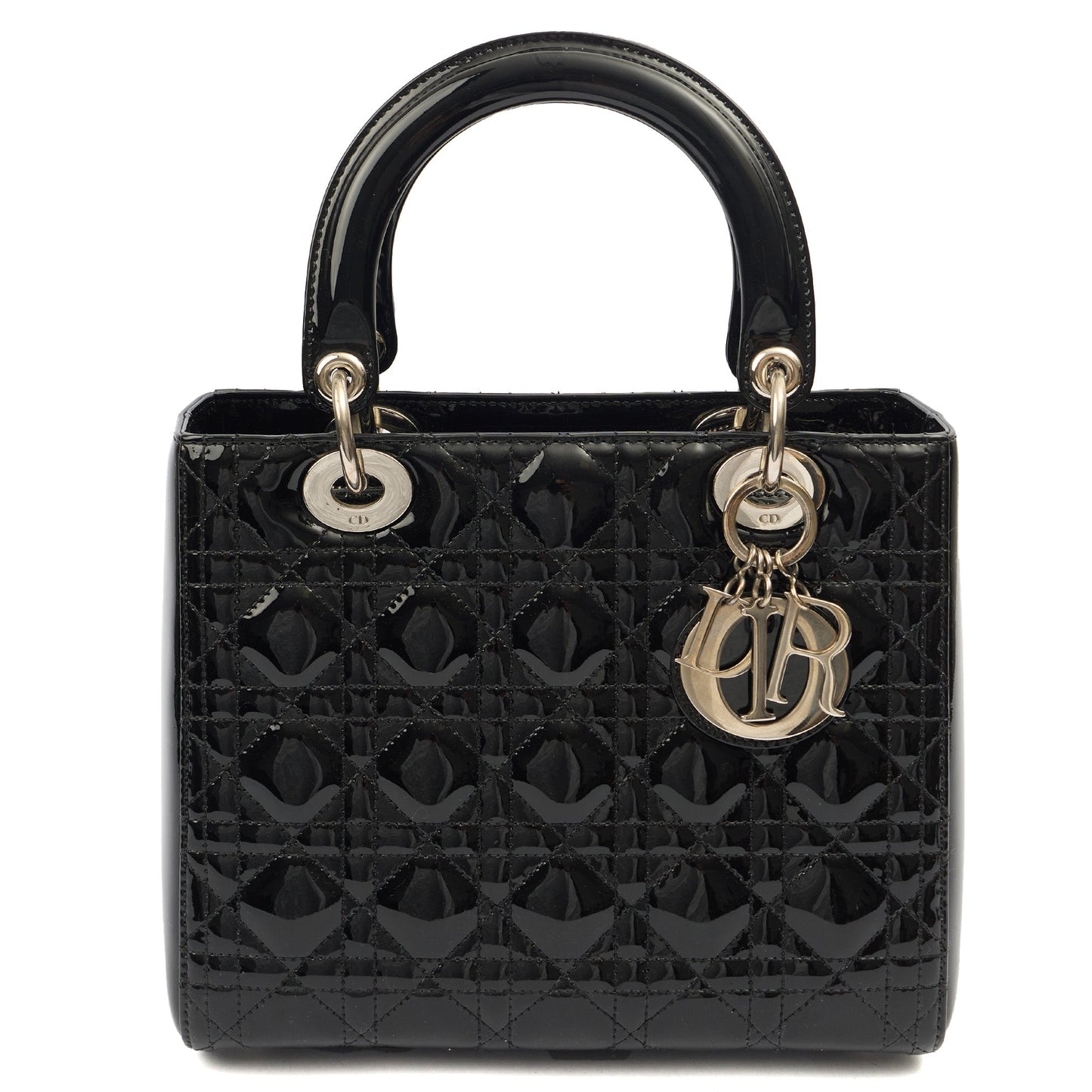 Christian Dior Top Handle Lady Dior - Medium in Black, Patent Leather — Front View