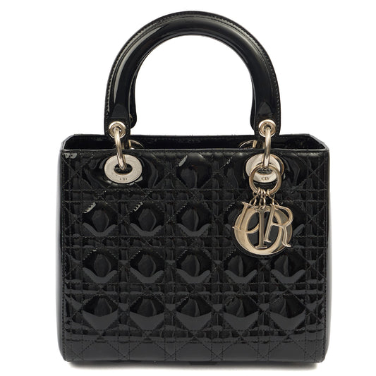 Christian Dior Top Handle Lady Dior - Medium in Black, Patent Leather — Front View