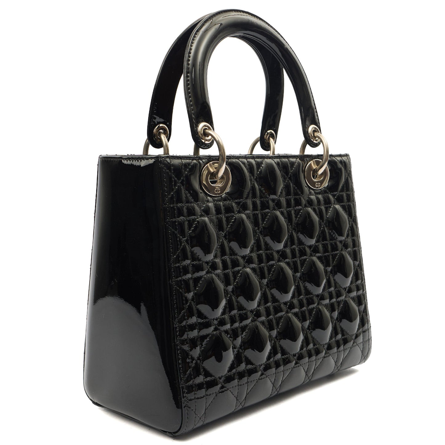 Christian Dior Top Handle Lady Dior - Medium in Black, Patent Leather — Back View