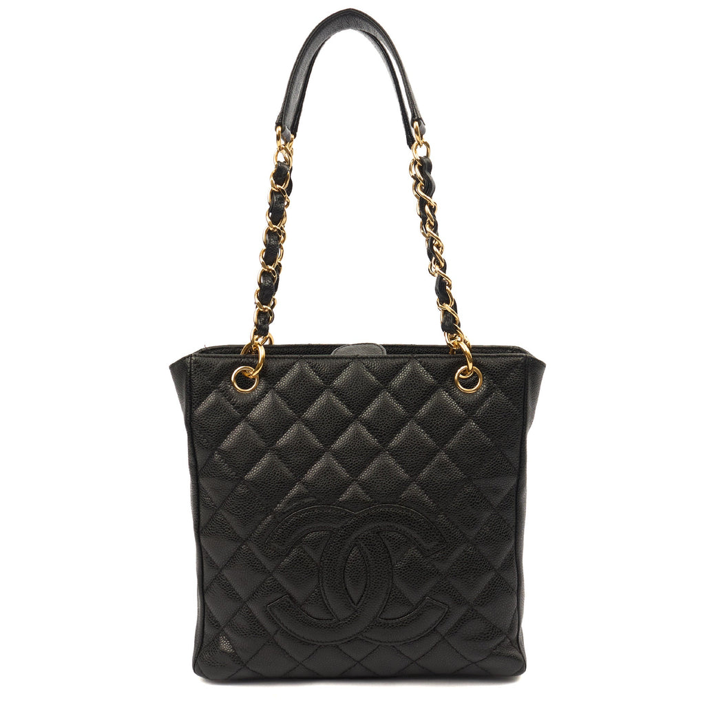 Chanel Tote Petite Shopping Tote in Black, Caviar Leather — Front View