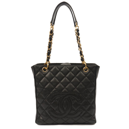 Chanel Tote Petite Shopping Tote in Black, Caviar Leather — Front View