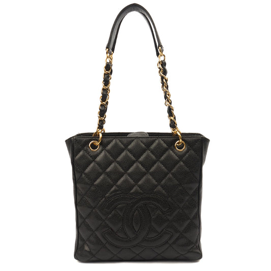 Chanel Tote Petite Shopping Tote in Black, Caviar Leather — Front View