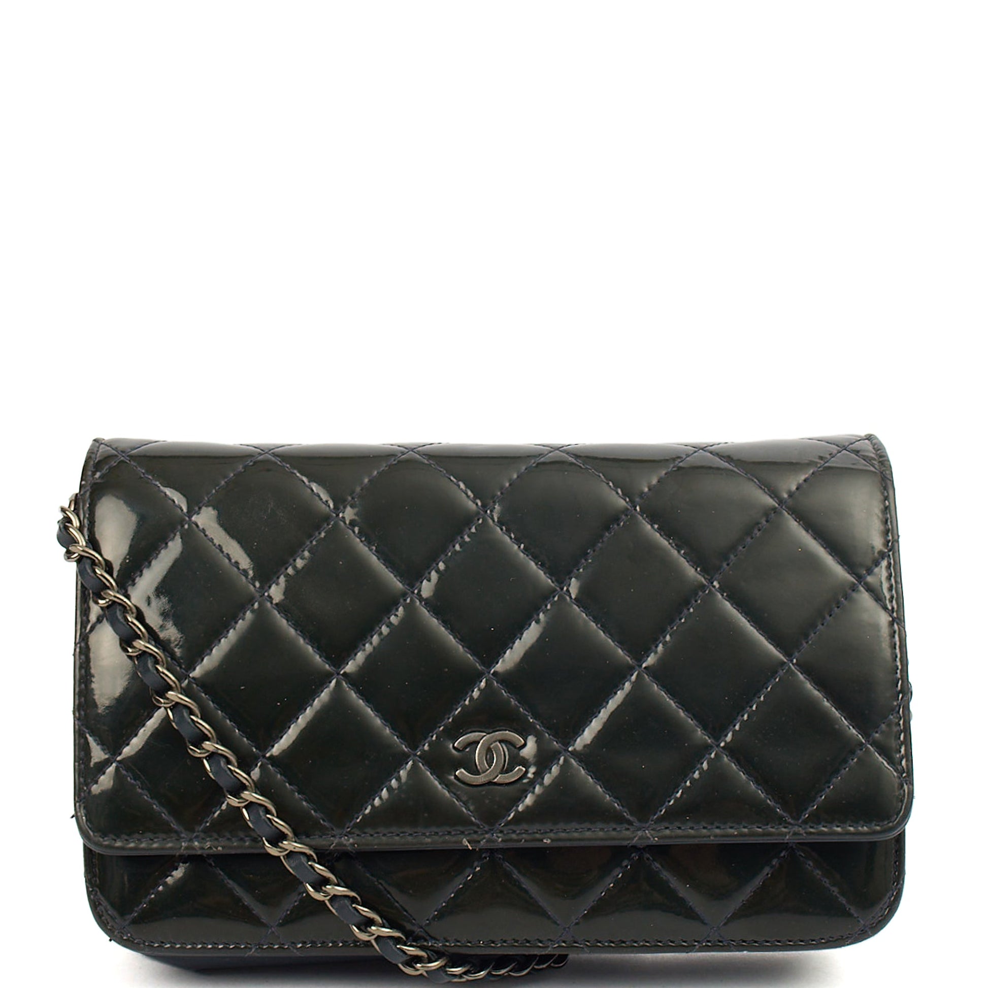 Chanel Cross Body Wallet on Chain in Blue, Patent Leather — Front View
