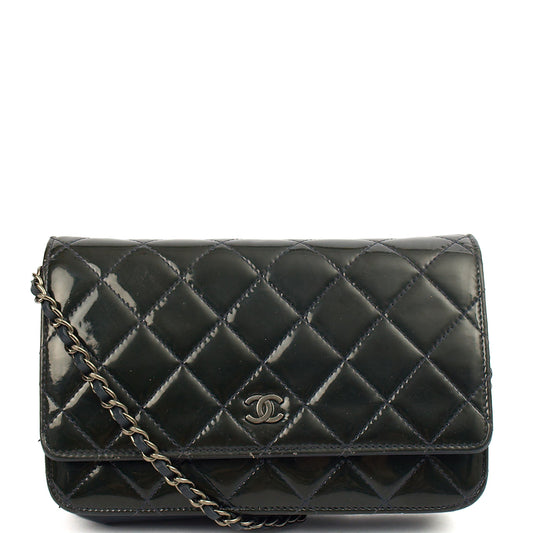 Chanel Cross Body Wallet on Chain in Blue, Patent Leather — Front View