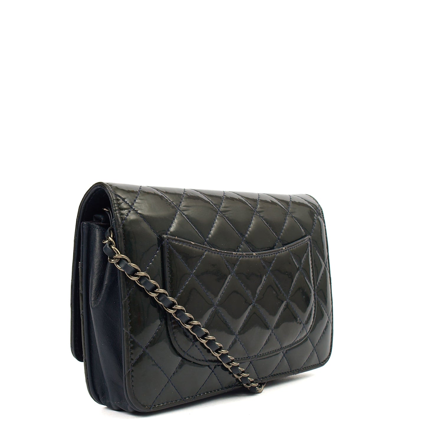 Chanel Cross Body Wallet on Chain in Blue, Patent Leather — Back View