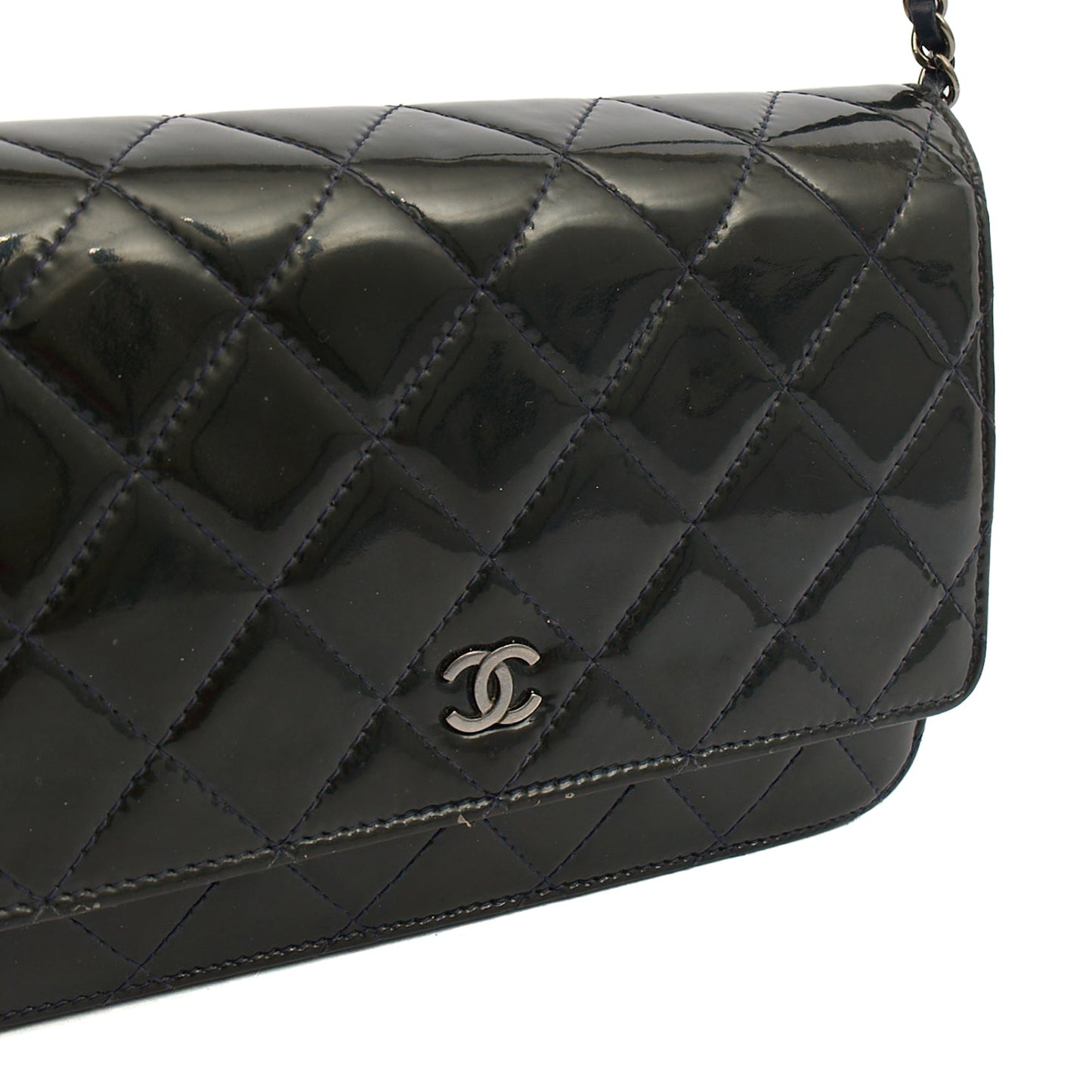 Chanel Cross Body Wallet on Chain in Blue, Patent Leather — Side View