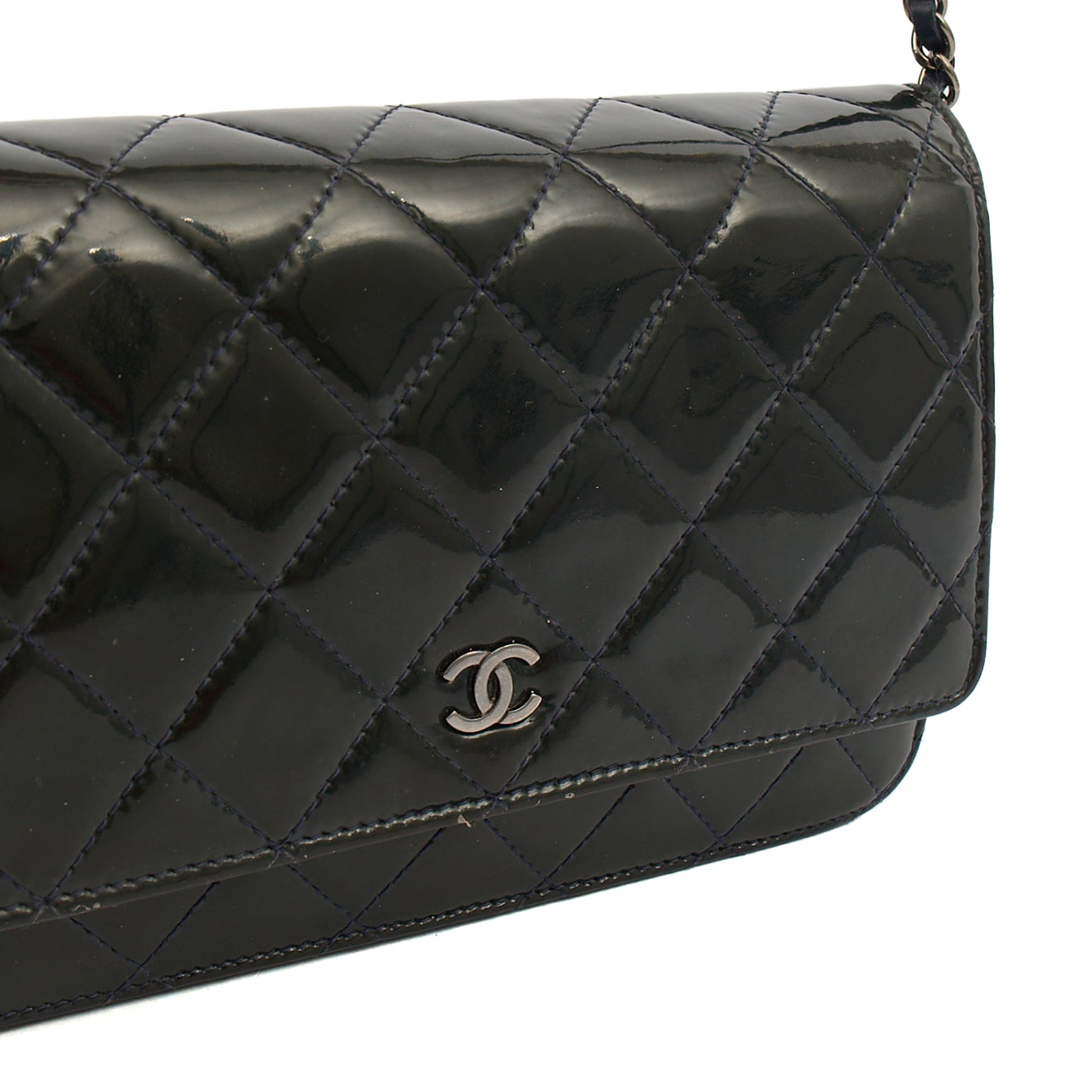 Chanel Cross Body Wallet on Chain in Blue, Patent Leather — Side View