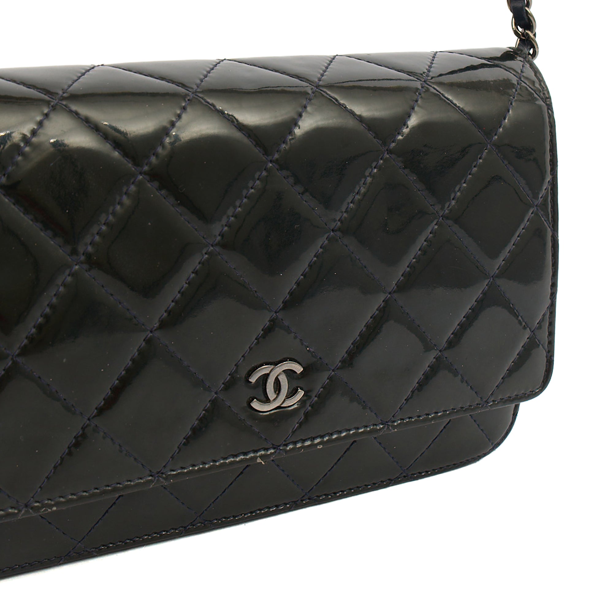 Chanel Cross Body Wallet on Chain in Blue, Patent Leather — Side View