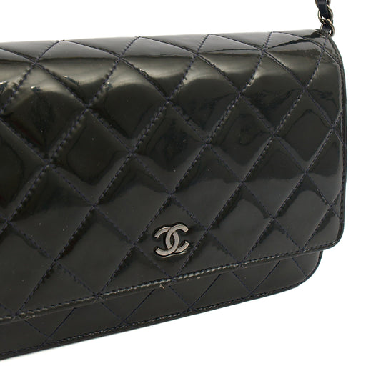 Chanel Cross Body Wallet on Chain in Blue, Patent Leather — Side View