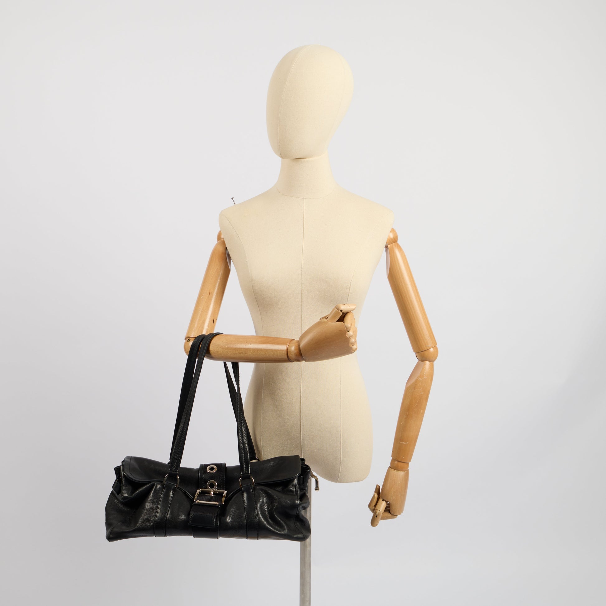 Prada Shoulder Bag Buckle Tote  in Black, Leather — Side View