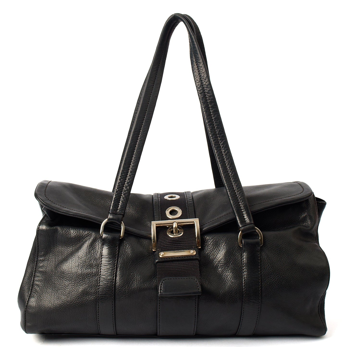 Prada Shoulder Bag Buckle Tote  in Black, Leather — Front View