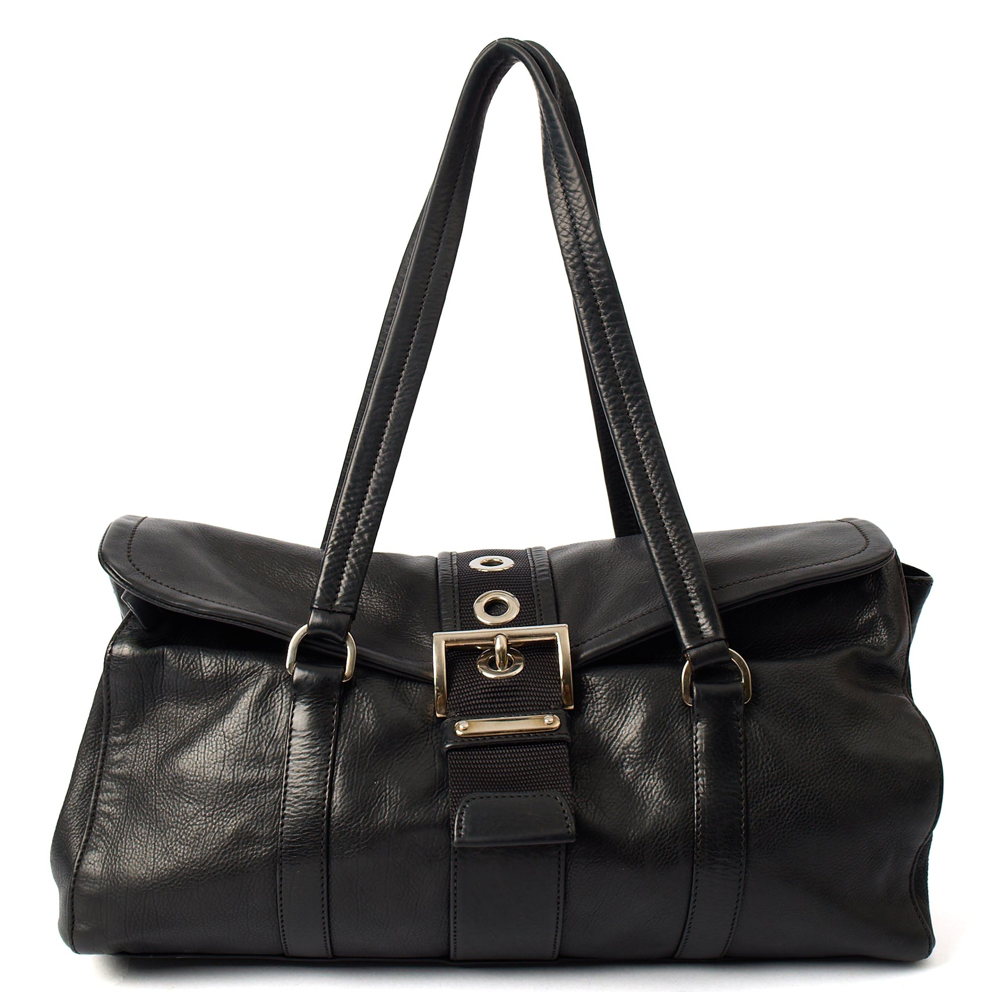 Prada Shoulder Bag Buckle Tote  in Black, Leather — Front View