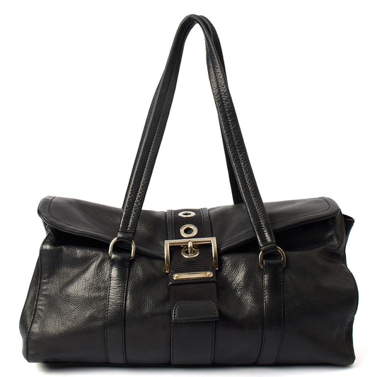 Prada Shoulder Bag Buckle Tote  in Black, Leather — Front View