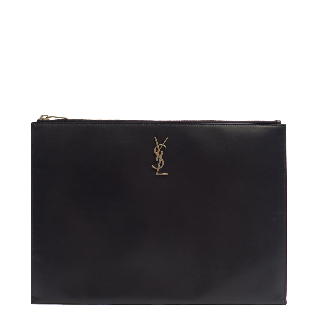 Saint Laurent Clutch Zipped Pouch in Blue, Calfskin Leather — Front View