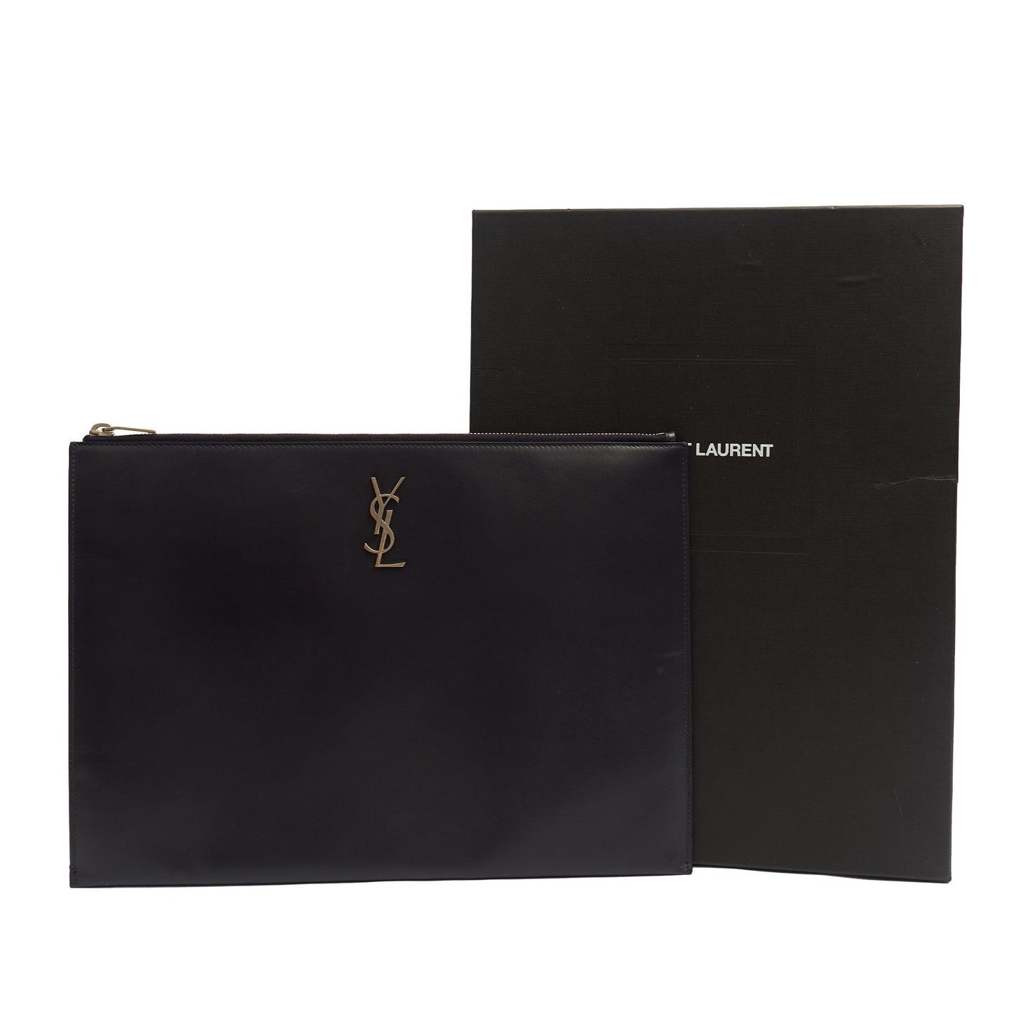 Saint Laurent Clutch Zipped Pouch in Blue, Calfskin Leather — Side View