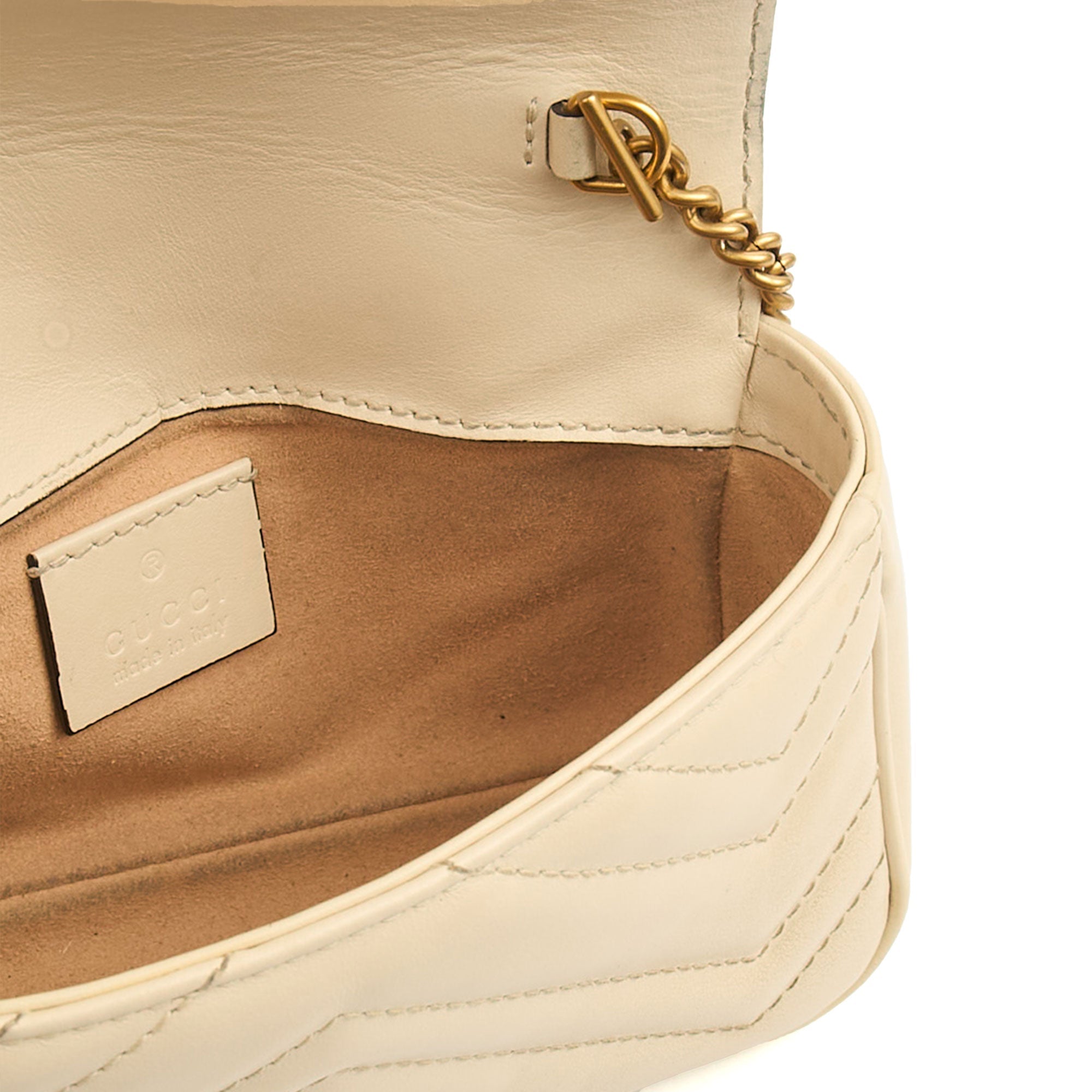 Gucci Cross Body Marmont Shoulder Flap Bag - Super Mini in Neutral, Leather — Lifestyle View